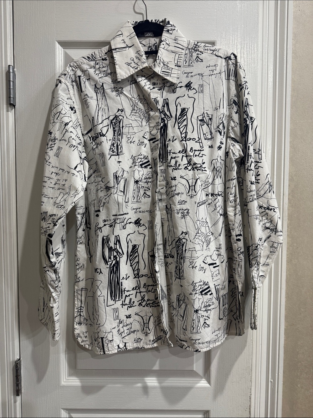 Karl Lagerfeld White Button-Up Shirt Jacket with Black Sketch Print